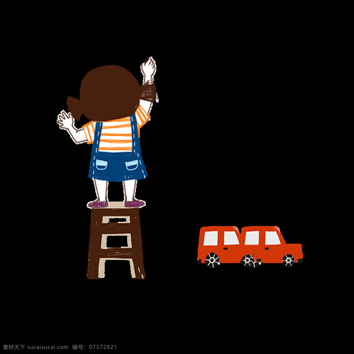 卡通 小女孩 小汽车 图案 元素 手绘 站 板凳 上 红色小汽车