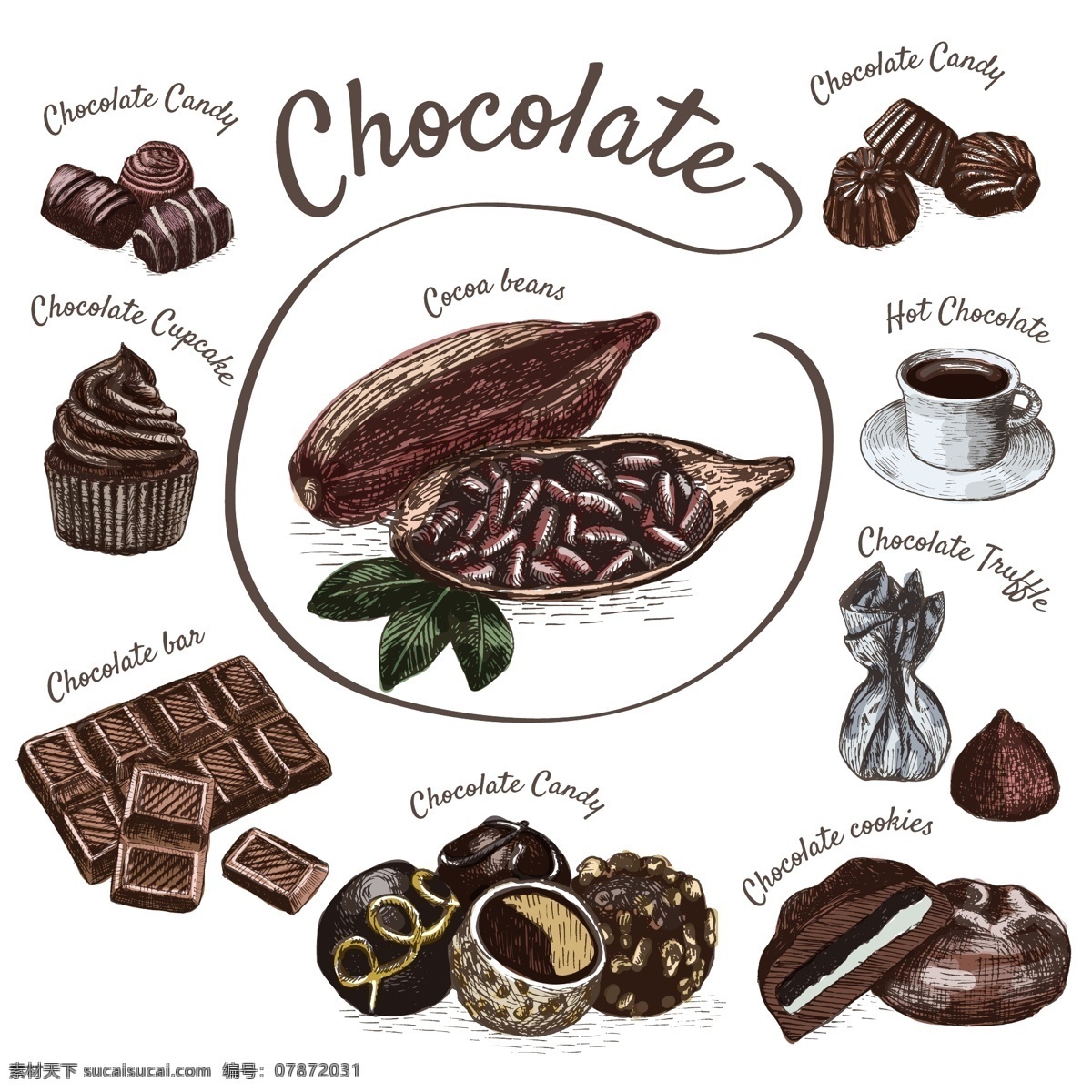 可可 制品 元素 插画 食材 可可果 巧克力 蛋糕 可可饮料 面包 美味 手绘