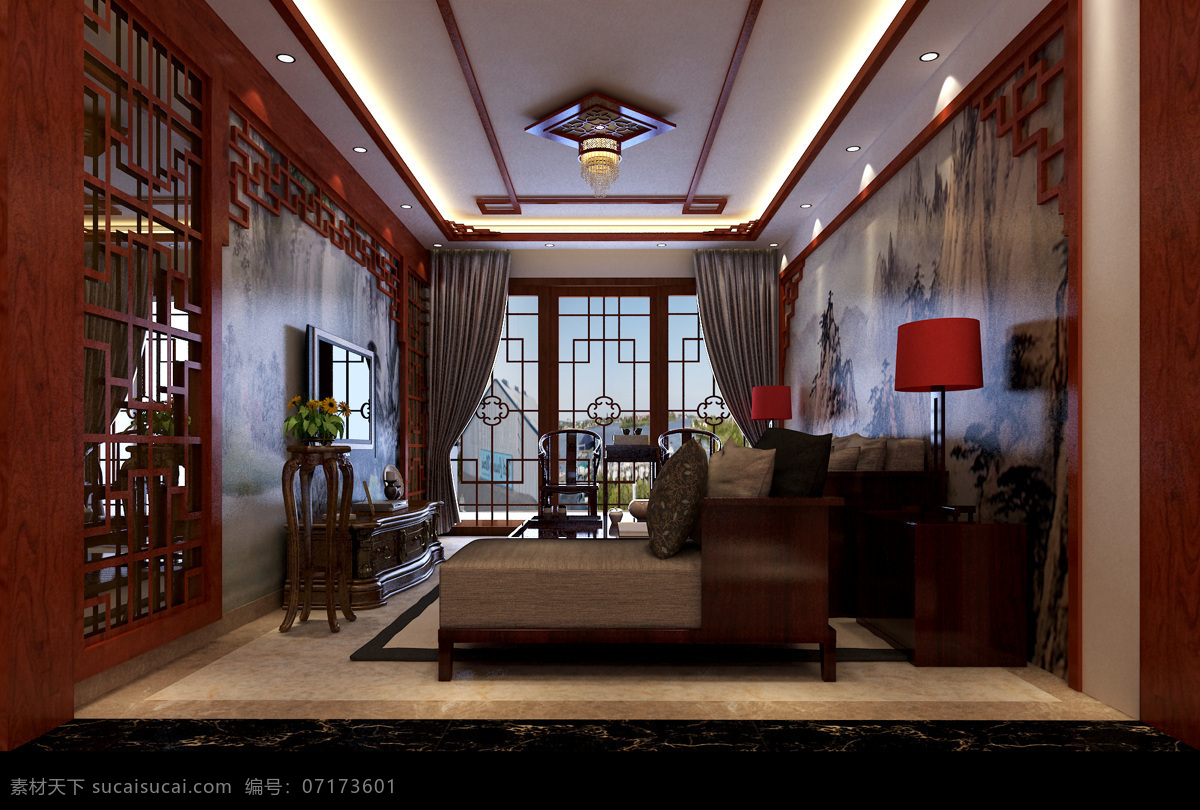 中式 装修 3d设计 家装 客厅 室内效果图 室内 效果图 红色中式 3d模型素材 其他3d模型