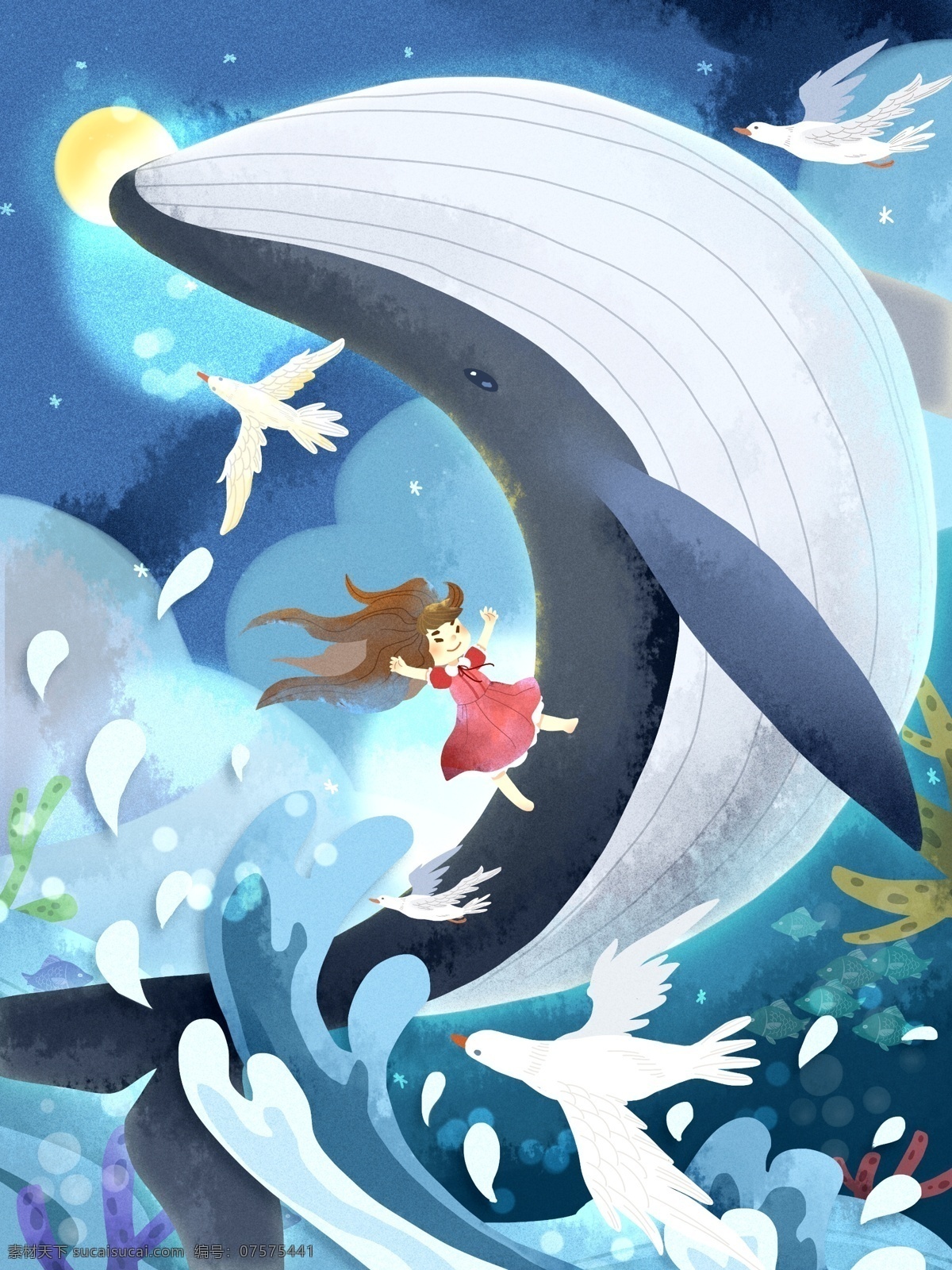 夜晚 鲸鱼 跳出 海面 女孩 开心 舞 海鸥 飞翔 海浪 天空 月亮 气氛