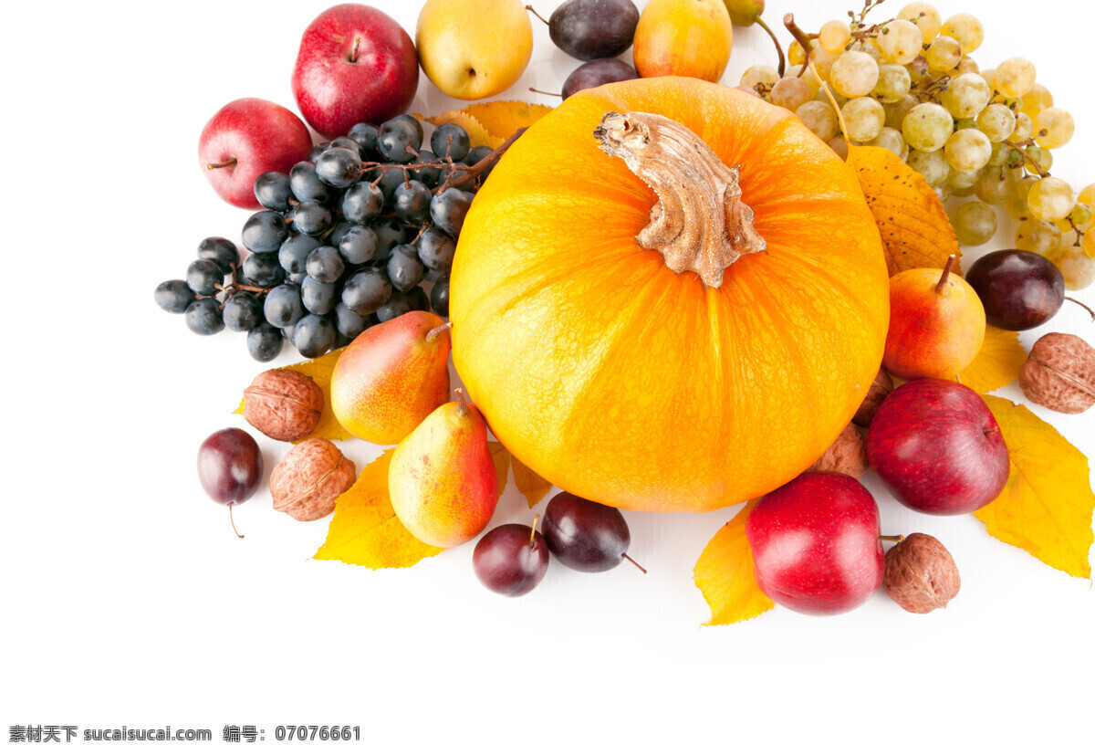 秋天 蔬菜水果 食物 水果 葡萄 苹果 杏 核桃 提子 梨 李子 南瓜 叶子 食欲 水果图片 餐饮美食