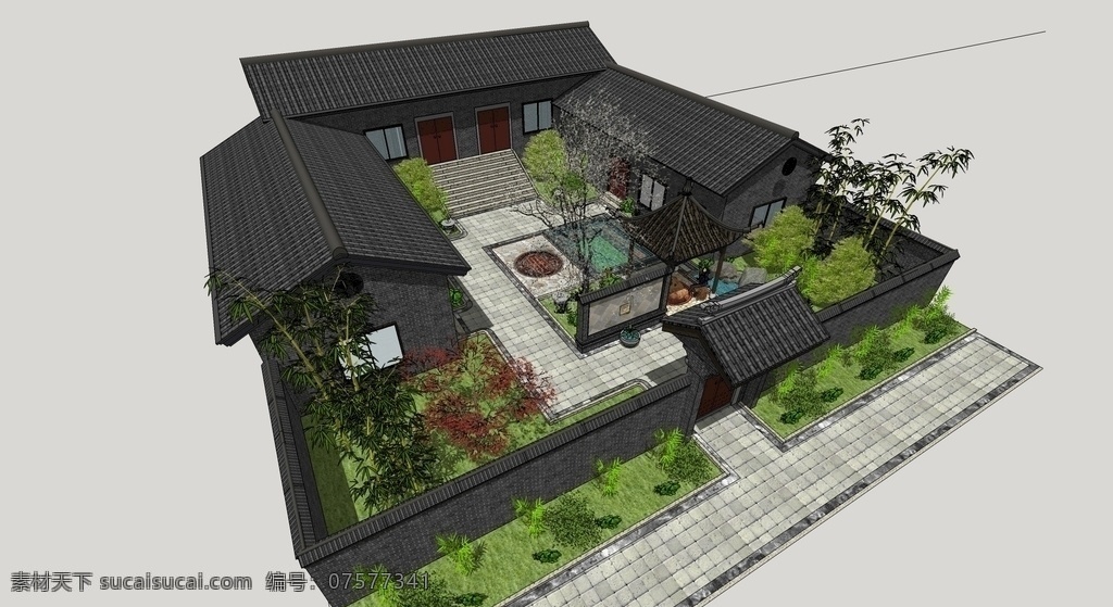 四合院民居 四合院 乡居大院 民宿大院 乡村别墅 乡贤大院 建筑设计 草图大师 环境设计 效果图