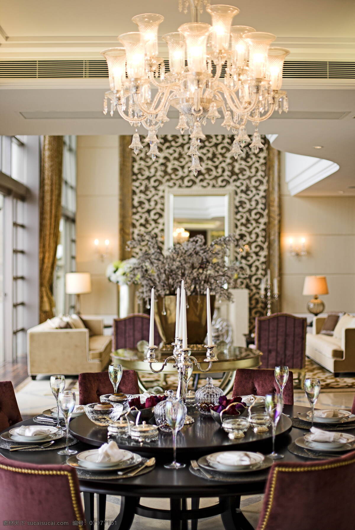 欧式 风格 水晶灯 客厅 室内装修 效果图 客厅装修 大餐桌 烛台