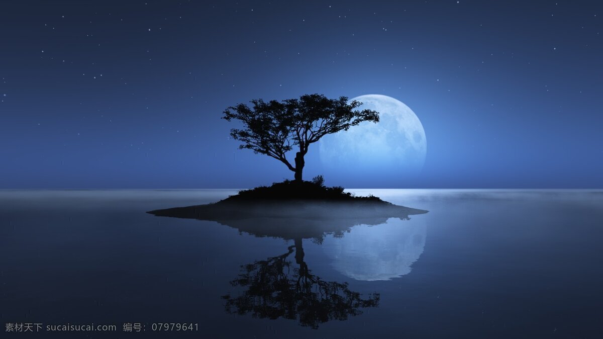 美景 高清 大树 蓝色 小岛 夜晚 月亮 风景 生活 旅游餐饮