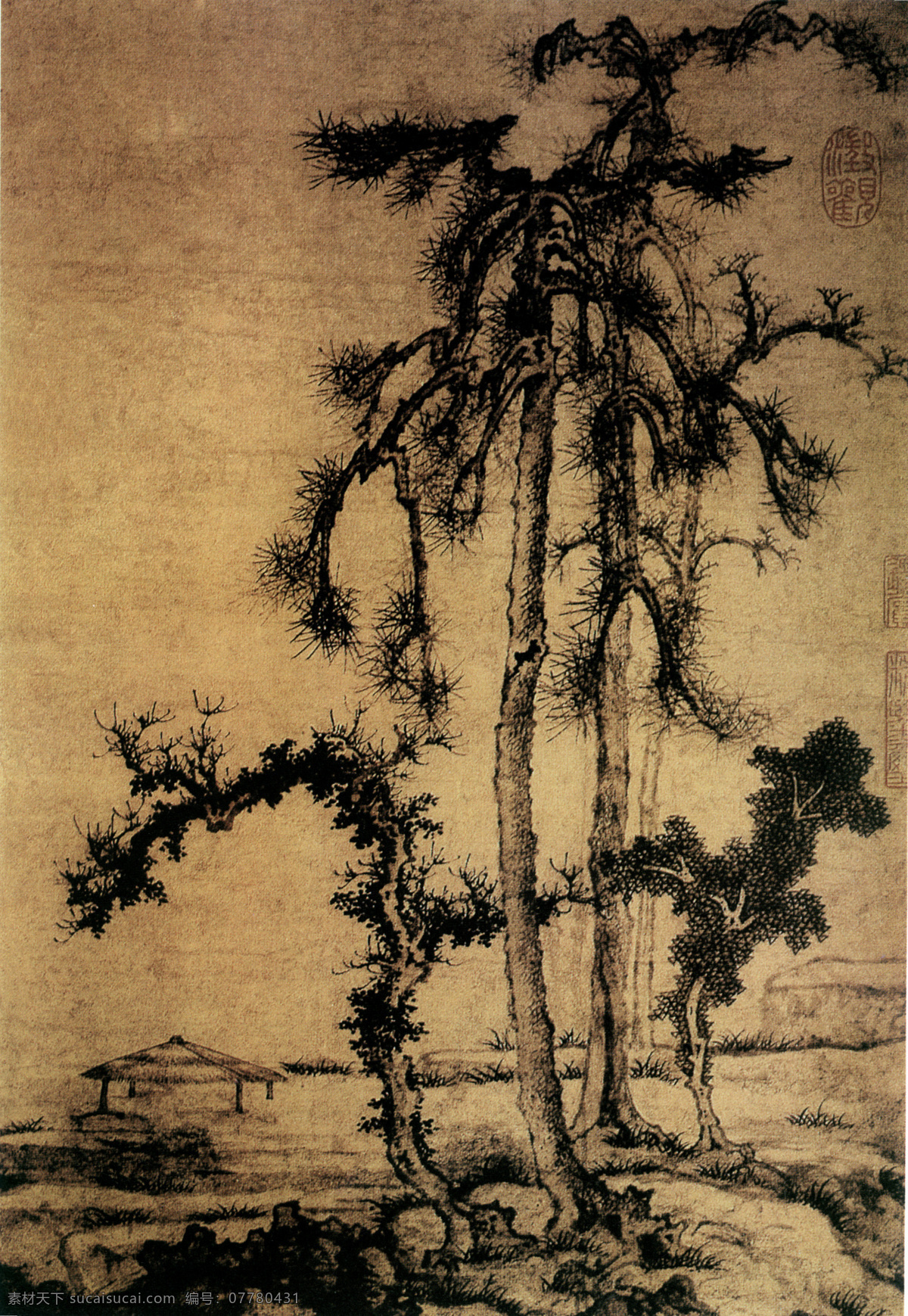 山水 名画 书画 松亭 图 古画 山水画 书画真迹 中国水墨画 松亭图 文化艺术