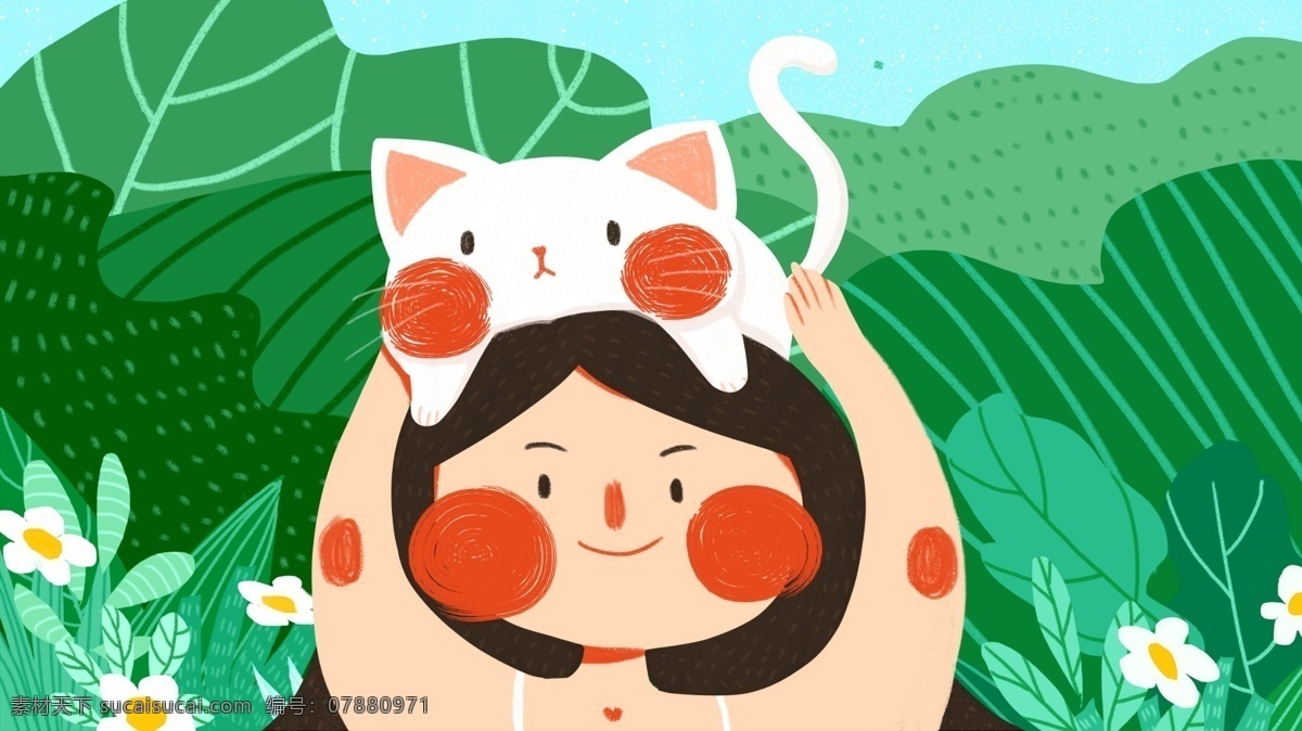 萌 宠 少女 猫咪 趴 头 可爱 简约 原创 插画 叶子 花朵 萌宠 爱宠 宠物 动物 扁平 户外 植物 配图 微博配图 文章配图 朋友圈配图 公众号配图 手机壁纸