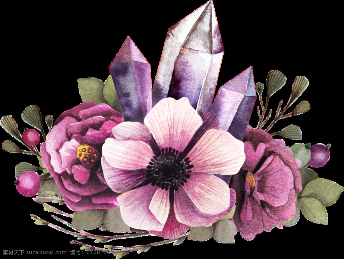 手绘 两 朵 牡丹花 搭配 小 紫花 透明 装饰 图案 深紫色 浅紫色 牡丹 树叶 装饰图案 深绿色 免扣素材