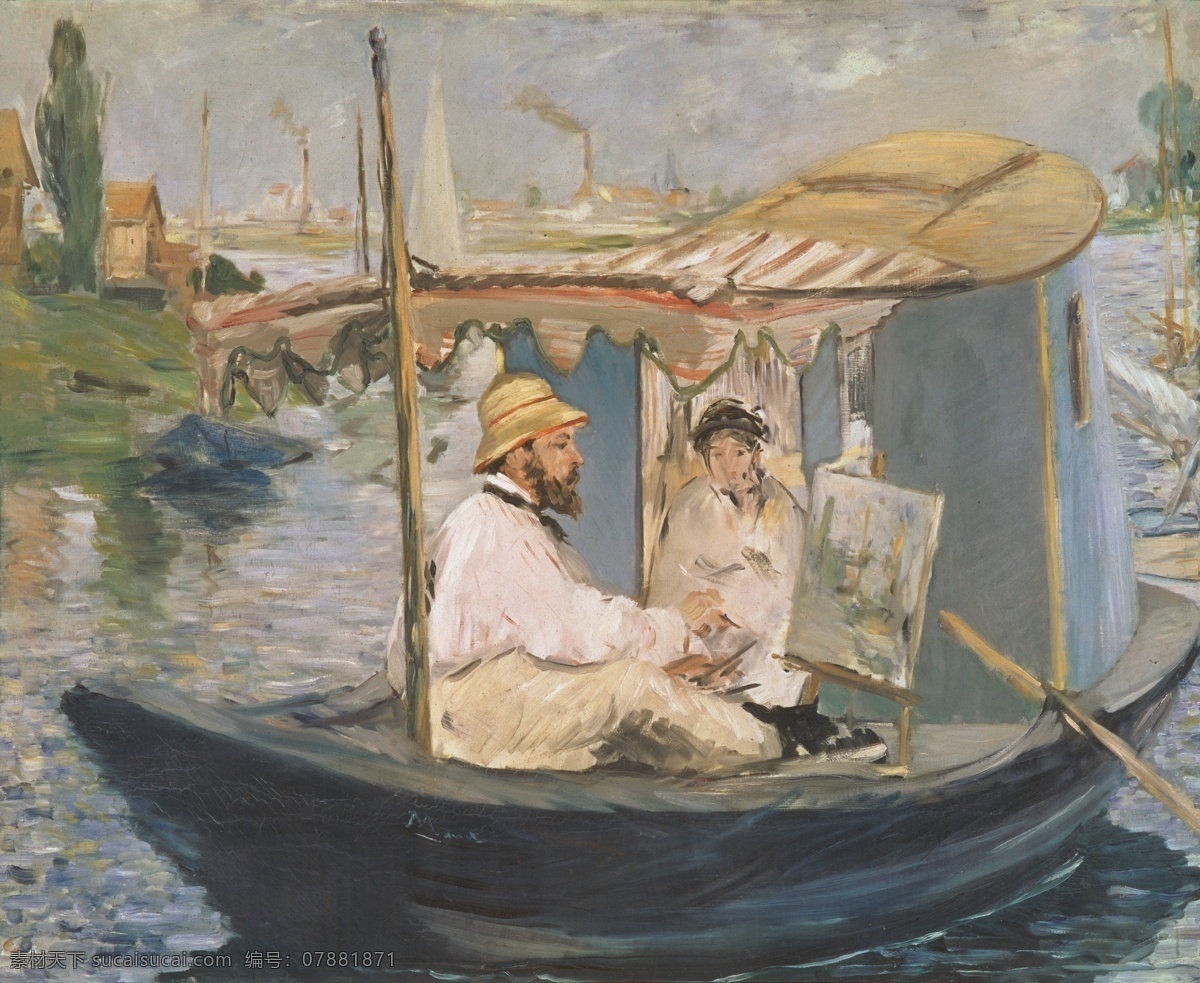 船上 画室 中 莫 奈 莫奈 船 油画 风景 人物 印象派 法国 名画 文化艺术 绘画书法