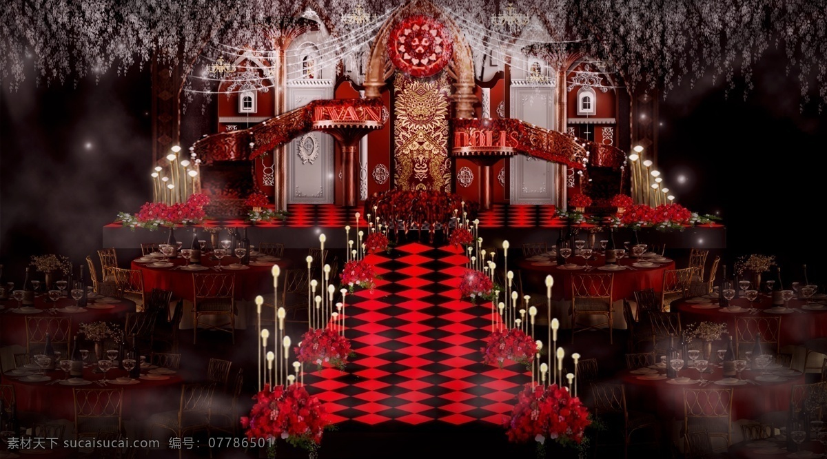 红 金 黑 婚礼 高贵 复古 效果图 城堡 大气 红黑格子 路引灯 红金黑婚礼 红金黑 顶纱