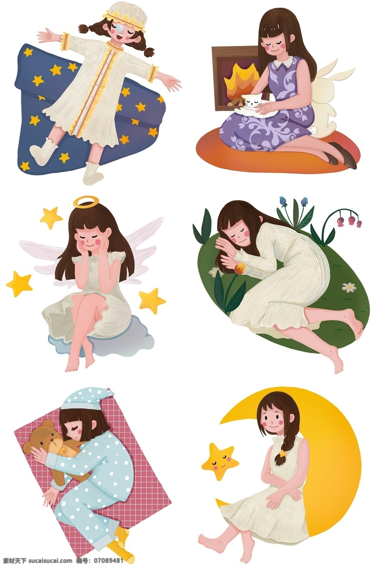世界 睡眠 日 人物 插画 合集 睡觉的小女孩 可爱的女孩 卡通人物 打呼噜 睡觉 休息