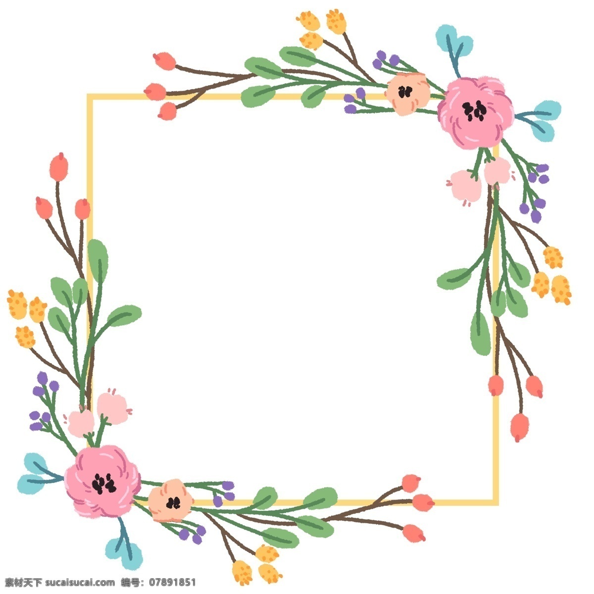 正方形 花环 边框 正方形花环 卡通边框 花环边框 鲜花边框 婚礼边框 请柬边框 粉色的花朵