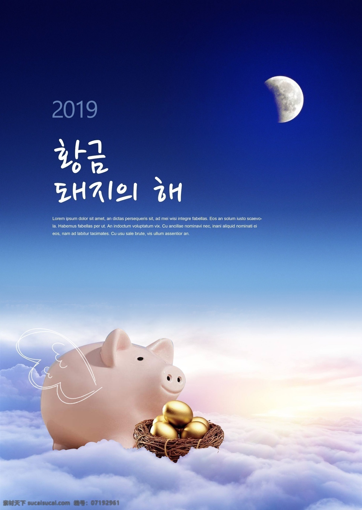 现代 蓝色 时尚 2019 年 新年 海报 云 猪 新的一年 天空 韩国 杨林 硬币 月亮 可爱
