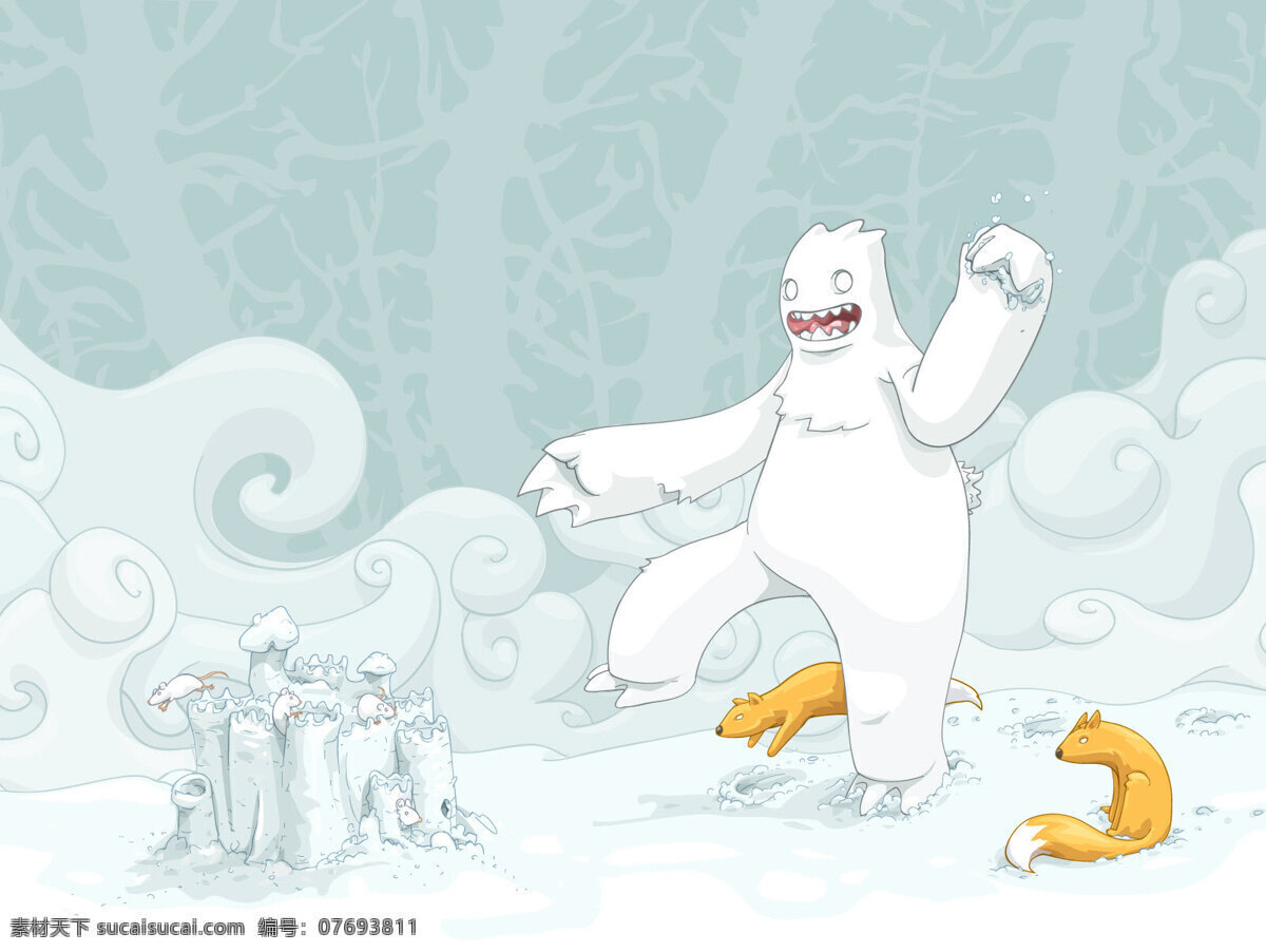 打雪仗 动物打雪仗 大熊 黄鼠狼 老鼠 城堡 白色