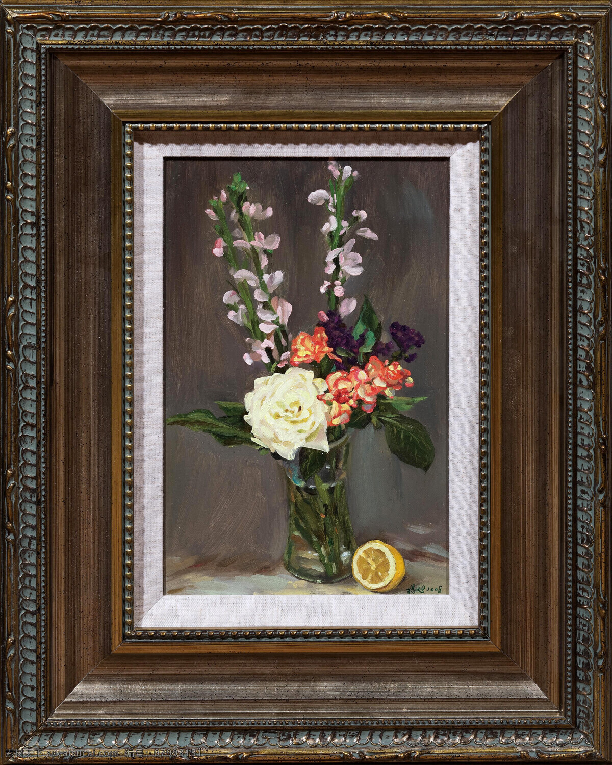 花朵 花卉 花卉静物 花瓶 绘画 绘画书法 美术 柠檬 油画 静物画 鲜花 桌子 油画艺术 油画作品20 文化艺术 装饰素材