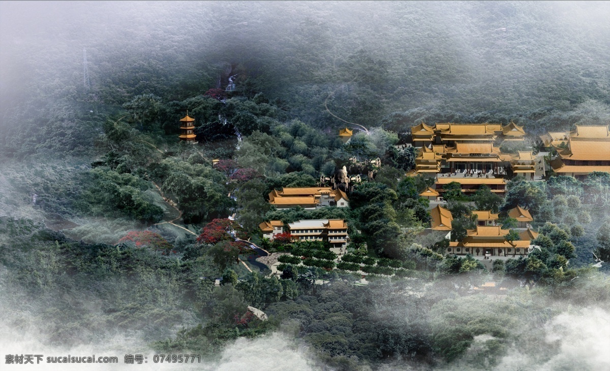 寺院 景观 效果图 草地 树木 山峰 古塔 房屋 建筑物 小路 人物 云雾 景观设计 环境设计