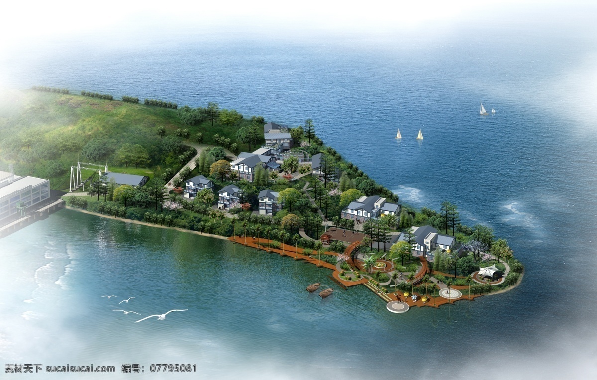 海边 度假村 景观 大海 帆船 飞鸟 草地 树木 房屋 建筑物 白色天空 环境设计 景观设计