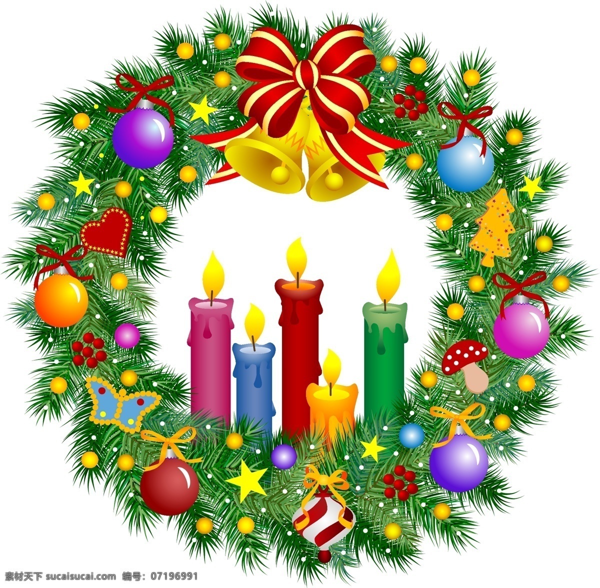 圣诞 花环 矢量 弓 蜡烛 饰品 钟声 圣诞节的蚂蚁 色结 蚱蜢尖 松树的球果 松针 红色浆果 矢量图