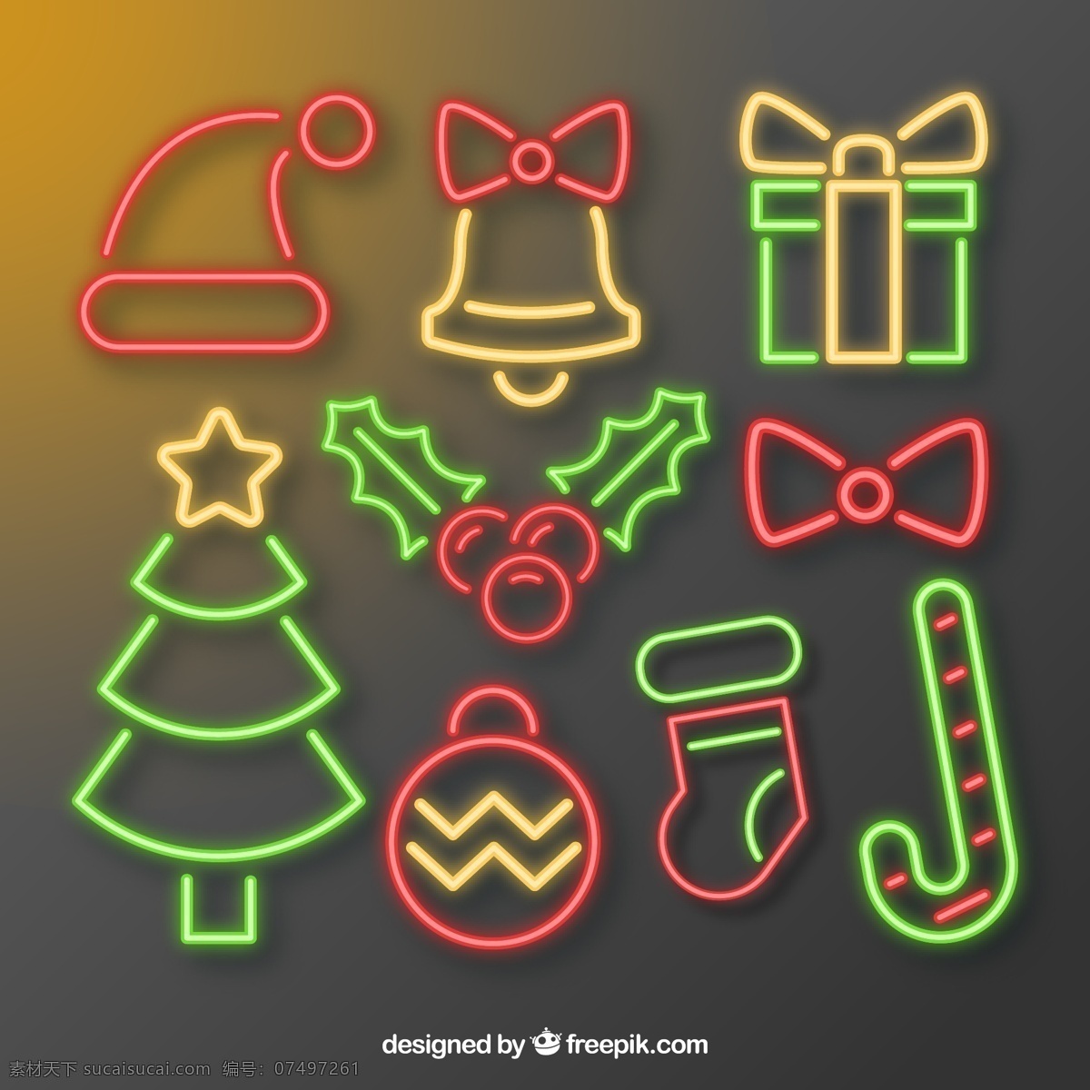 圣诞 霓虹灯 元素 圣诞帽 铃铛 礼物 礼盒 枸骨 源文件 矢量 高清图片