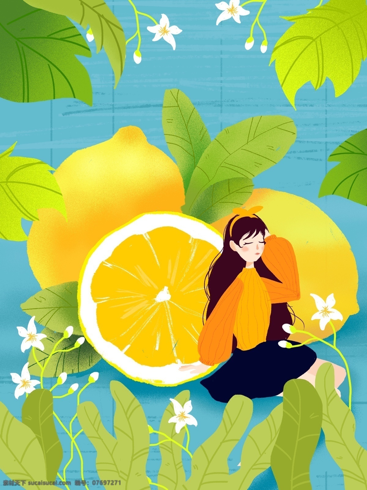 原创 小 清新 女孩 柠檬 卡通 插画 小清新 小女孩 水果 水果女孩 睡觉 配图