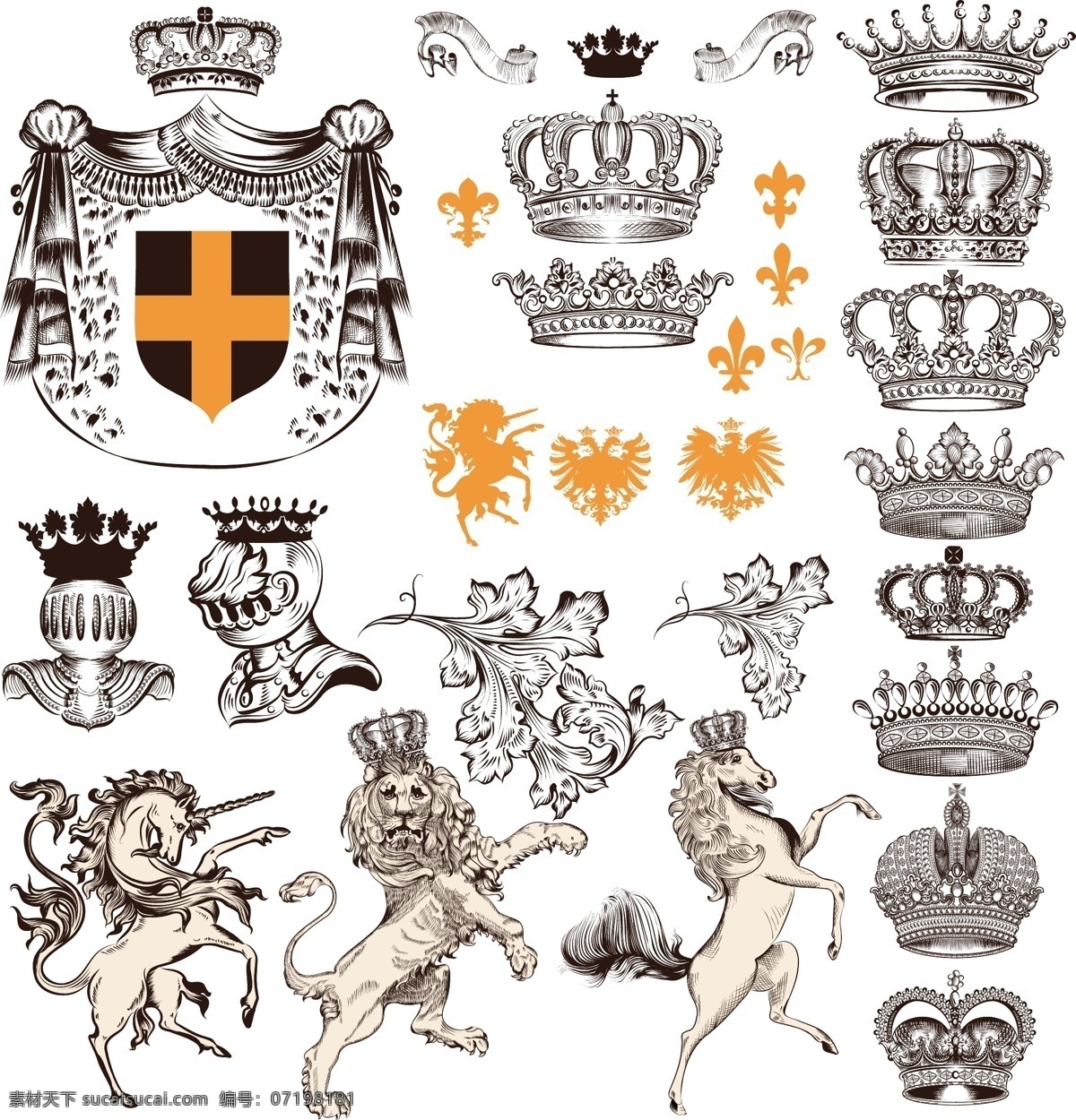 古典 中世纪 元素 矢量 盾牌 皇冠 王冠 狮子 背景 边框 花边 传统 花纹 图案 生活百科 白色