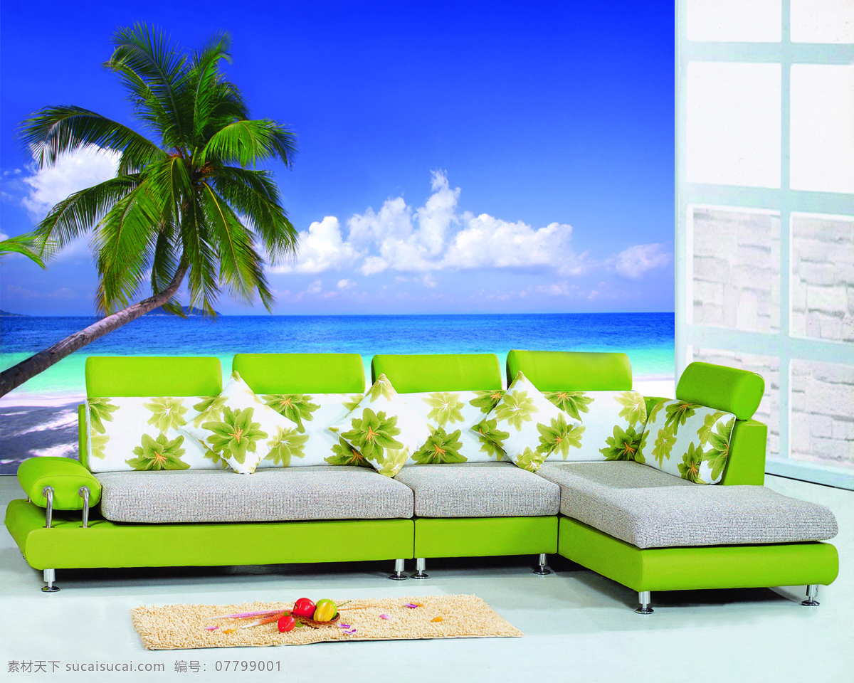 沙发背景 沙发 海滩 椰树 大海 沙滩 生活用品 生活百科