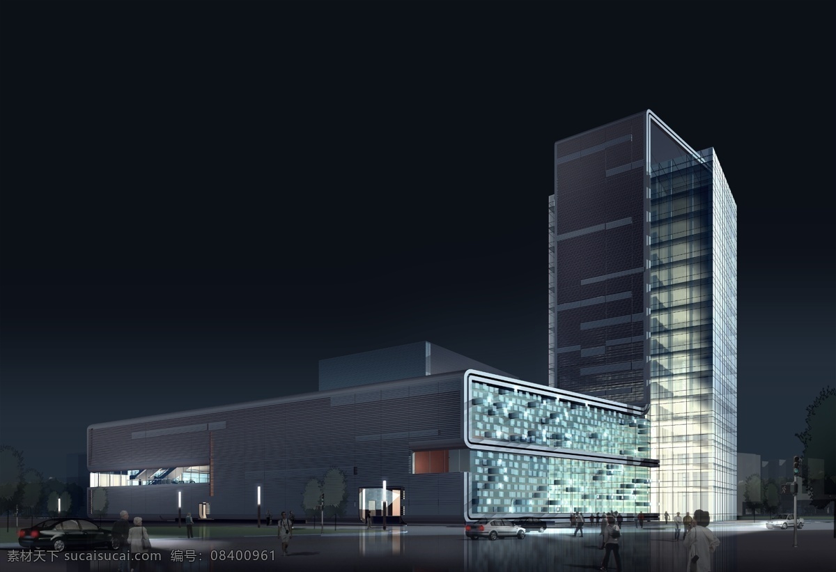商业 广场 夜景 人物 汽车 树木 灯光效果 房屋 建筑物 黑蓝色天空 环境设计 景观设计 黑色