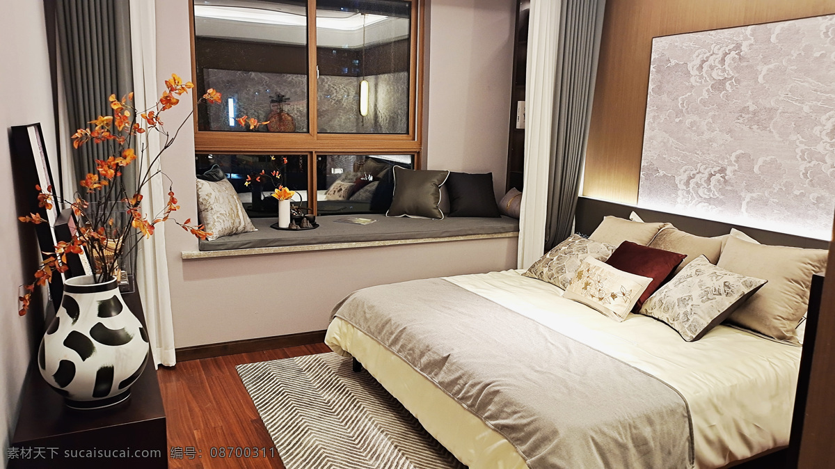 新 中式 卧室 装修 新中式卧室 装修效果 大床 飘窗 地毯 建筑园林 室内摄影