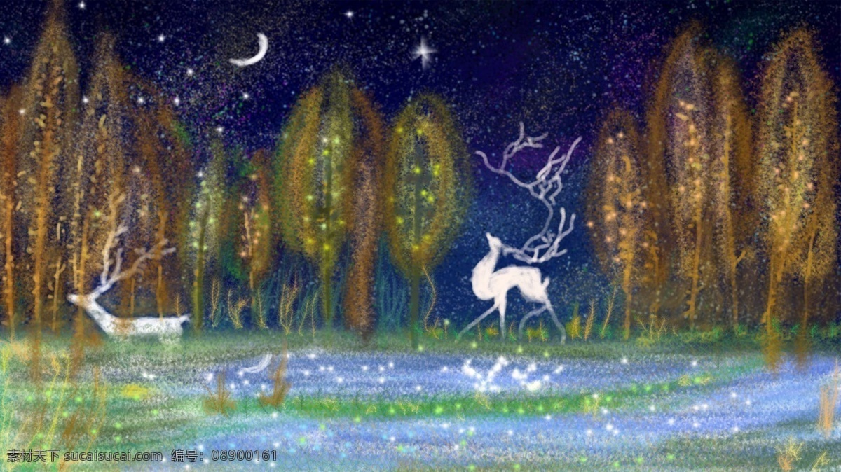 林中 见 鹿 梦幻 油彩 夜景 壁纸 麋鹿 林中鹿 清新淡雅 油彩原创