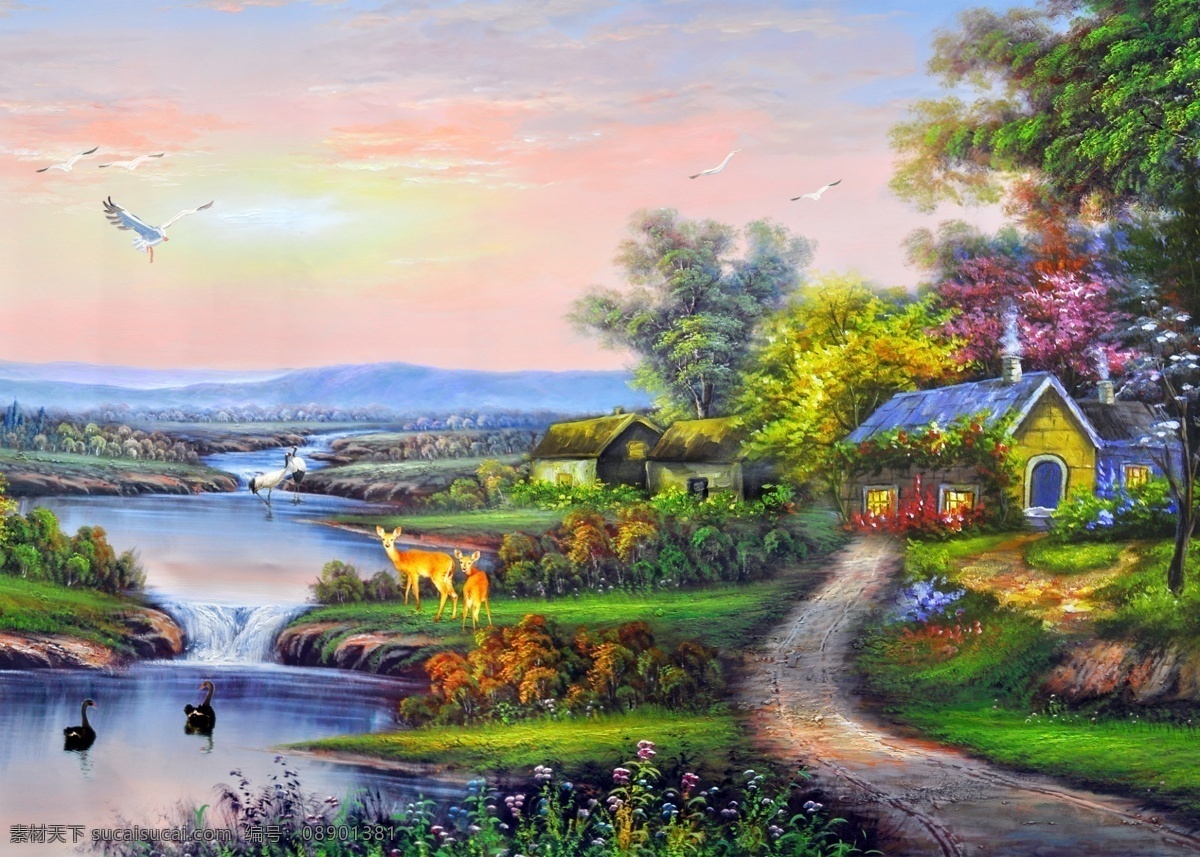 碧水 壁画 草坪 朝霞 大雁 鹅 房子 风景 风景画 油画风景 漂亮 山水 油画 模板下载 山水画 山水油画 油画山水 风景油画 装饰画 手绘 流水 河流 树 树林 红叶树 黄叶树 松树 鲜花 绿草 仙鹤 梅花鹿 鸭子 茅屋 小路 石头 霞光 祥云 云彩 蓝天白云 世外桃园 奇山异水 人间仙境 方 画 家居装饰素材