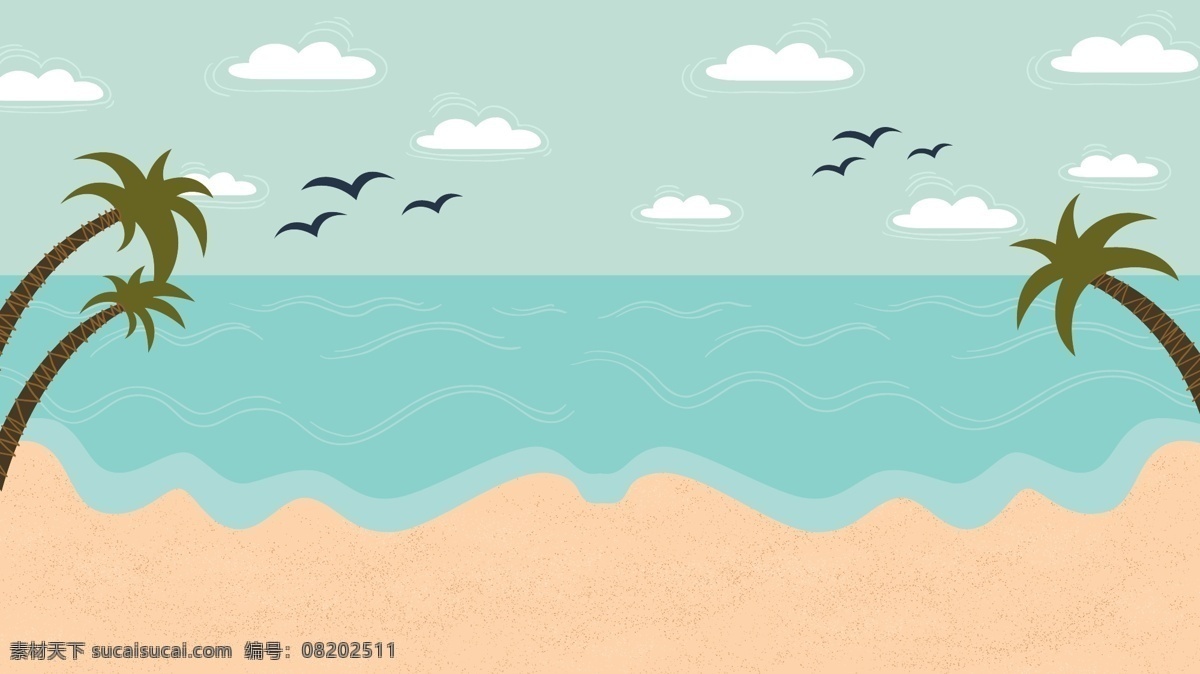 海边 旅游度假 简约 卡通 背景 海滩背景 清新背景 海浪 海边背景 手绘 夏季旅游背景