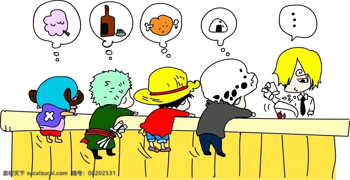 海贼王 同人 简笔画 卡通 漫画 上色 可爱 乔巴 路飞 鸡腿 酒瓶 棉花糖 饭团 索隆 香吉士 吃饭 吧台 动漫动画 动漫人物
