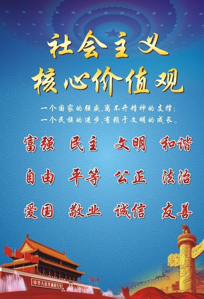 社会主义 核心 价值观 富强 民主 文明 和谐 自由 平等 公正 法治 爱国 敬业 诚信 友善 天安门 蓝色背景 底纹 丝带 中华柱 党建背景 强盛 进步 祥云 矢量