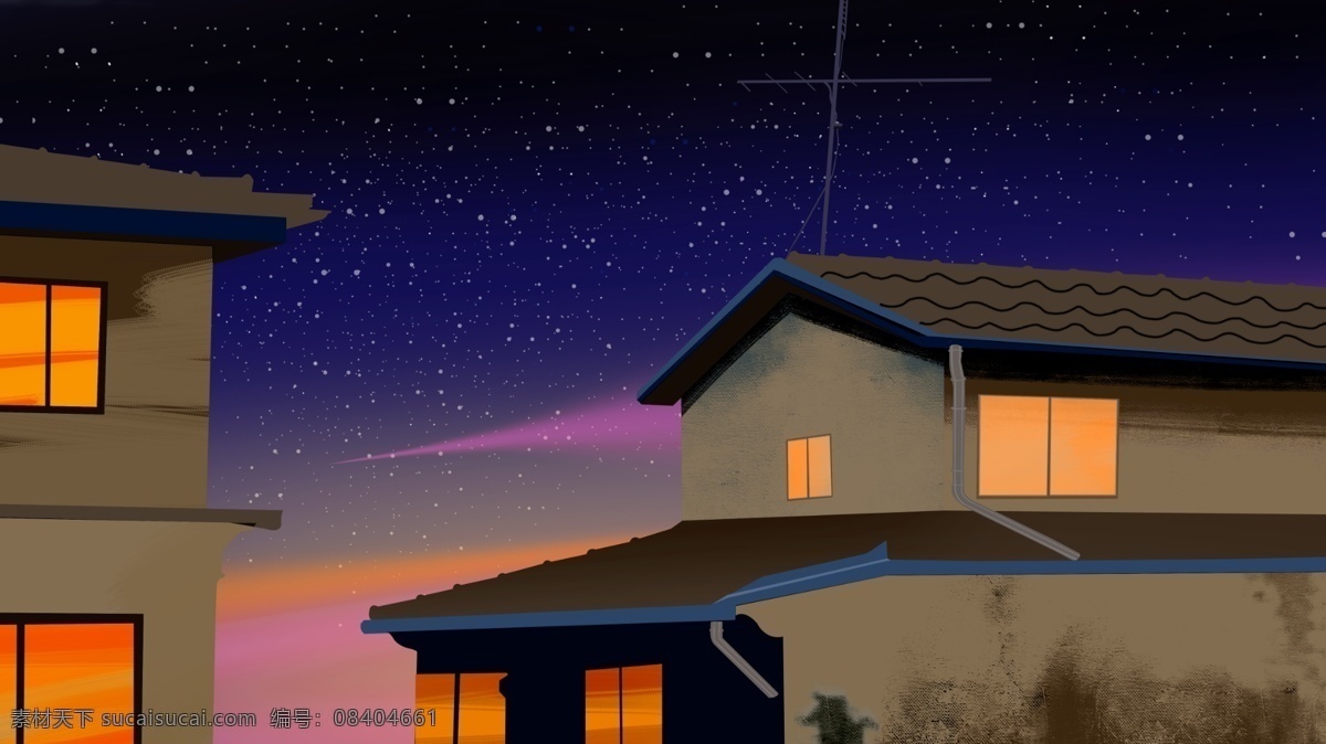 简约 创意 霓虹 晚霞 夜晚 星空 下 复古 房子 插画 星星 窗户 天空 霓虹晚霞 复古房子