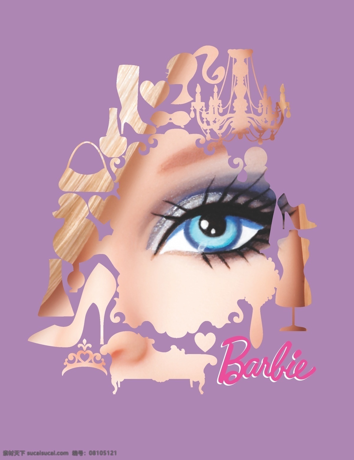芭比印花头像 芭比 印花 布花 背景 底图 剪影 高跟鞋 包 包包 吊灯 barbie 平面设计 矢量素材 其他矢量 矢量