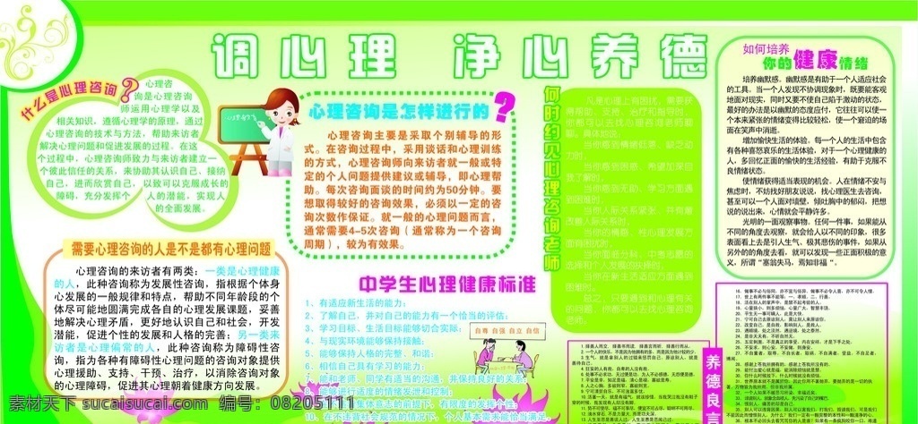 心理健康 学校展版 心理健康标准 养德良言 心理咨询 展板模板 矢量