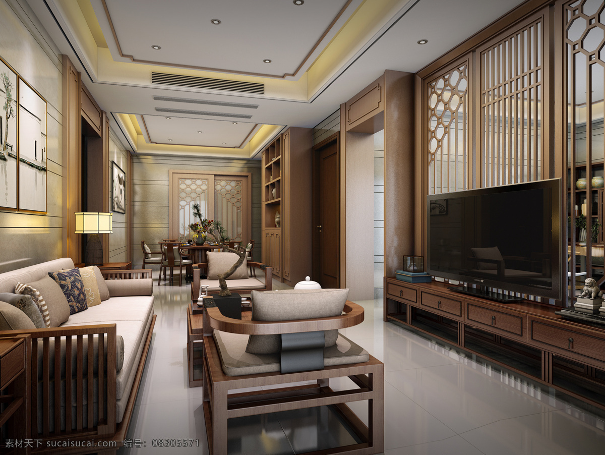 中式客厅 新中式 客厅 简约 现代 效果图 3d设计 3d作品
