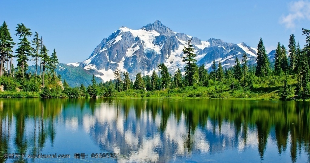 雪山 湖泊 远山 高山 倒影 水面 树林 自然景观 自然风景