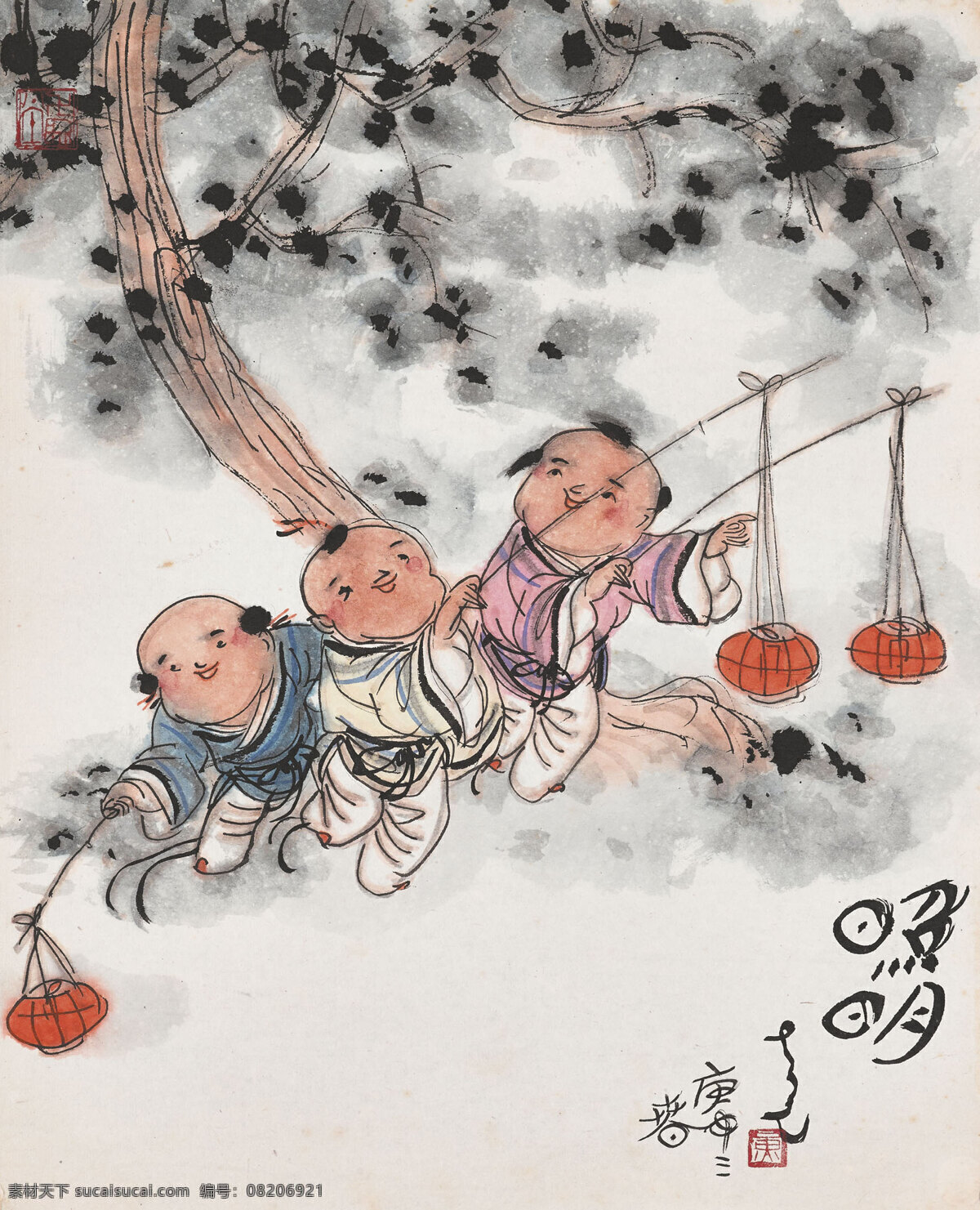 照明 黄尧作品 三个小朋友 树林中 掌灯笼 中国古代画 中国古画 文化艺术 绘画书法
