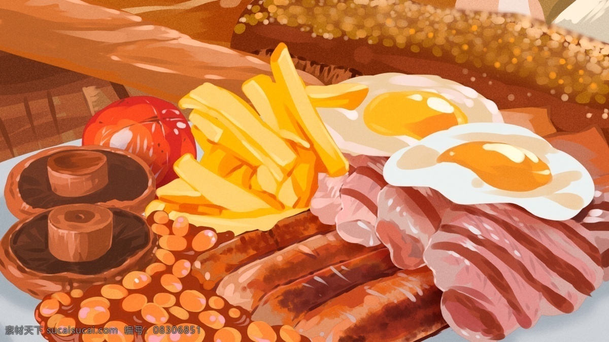 美食 大作 战 西式 早餐 煎蛋 烤肠 面包 写实 插画 烤肉 薯条 美食大作战 西式早餐 烤蘑菇 烤西红柿 丰富