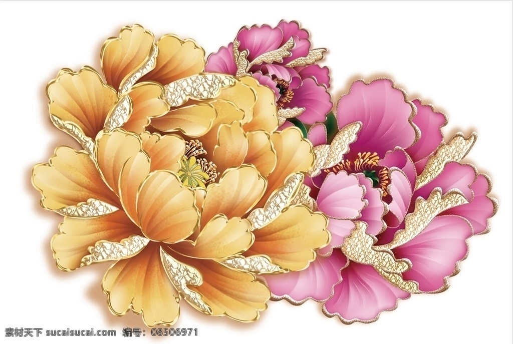 金边牡丹花 手绘牡丹花 描金边牡丹 牡丹花 牡丹特写 彩色牡丹 牡丹花朵 分层