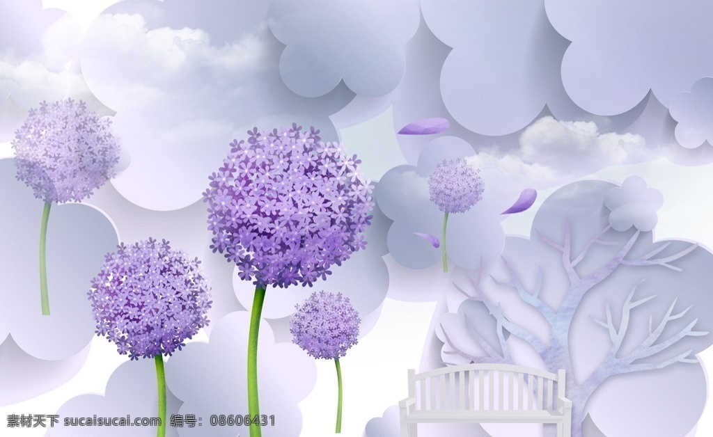3d 蒲公英 浪漫 背景 墙 紫色 背景墙 花朵 树 手绘 唯美 清新 室内背景墙 电视墙 壁画 三联画 幸福 装饰画 高清分层 长椅 室内 分层