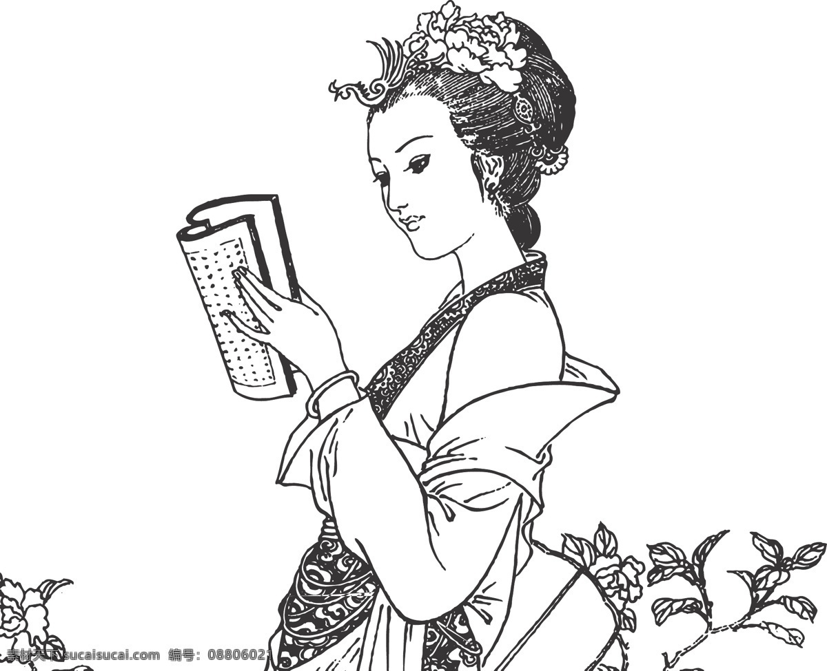 人物 女子 看书 优雅 高贵 国画艺术 植物 装饰 线条 矢量 白描 仕女白描图 人物图库 女性妇女