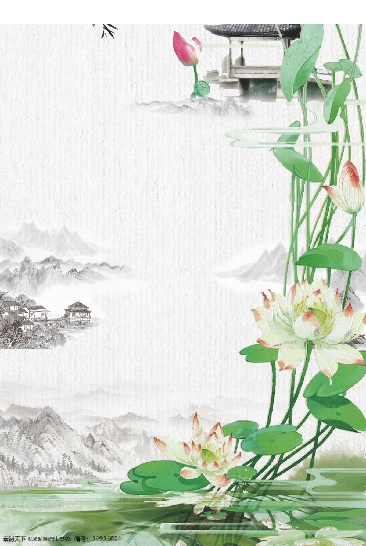 唯美 复古 水墨 山水画 小亭 子 荷花 鲤鱼 中国 风 水墨画 小亭子 中国风 国画 黑白 绿色 植物 夏日