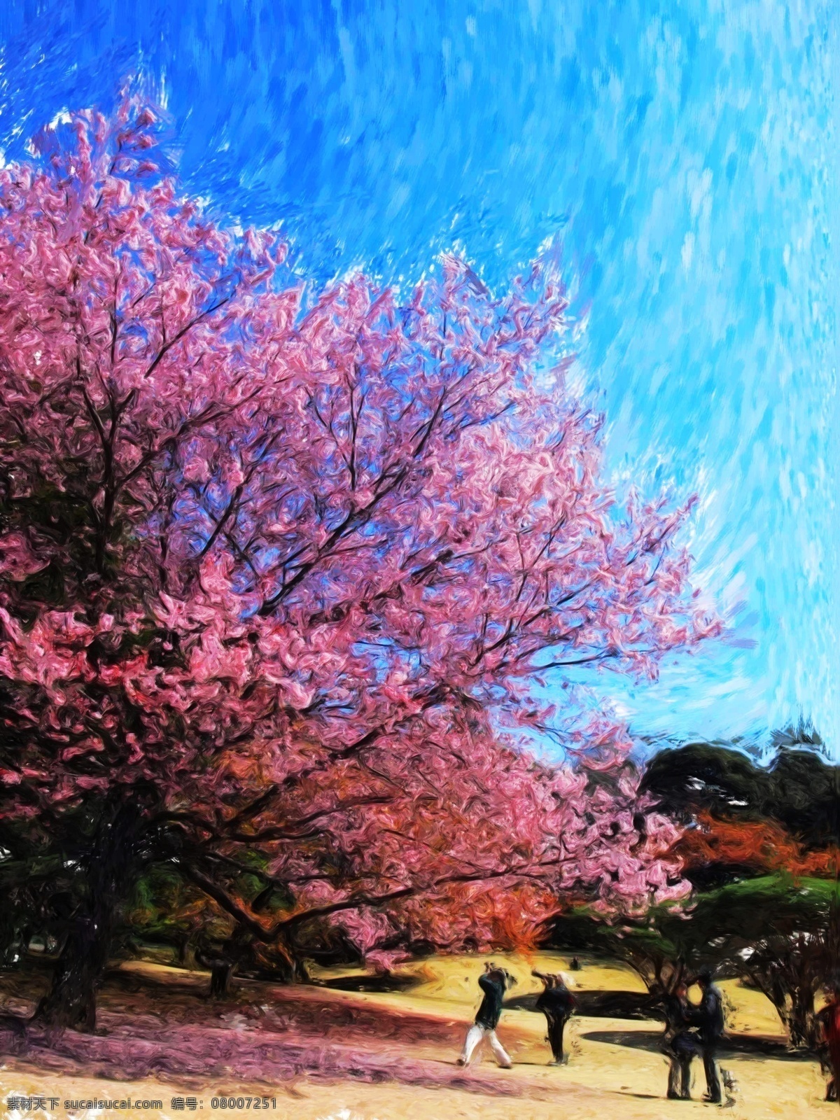 樱花 盛 开时 绘画书法 蓝天 美好 美丽 日本 盛开 文化艺术 樱花盛开时 东京 油画 油画摄影 装饰素材