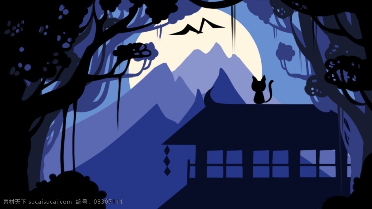 原创 夜 屋顶 晚 猫咪 剪影 装饰画 夜景