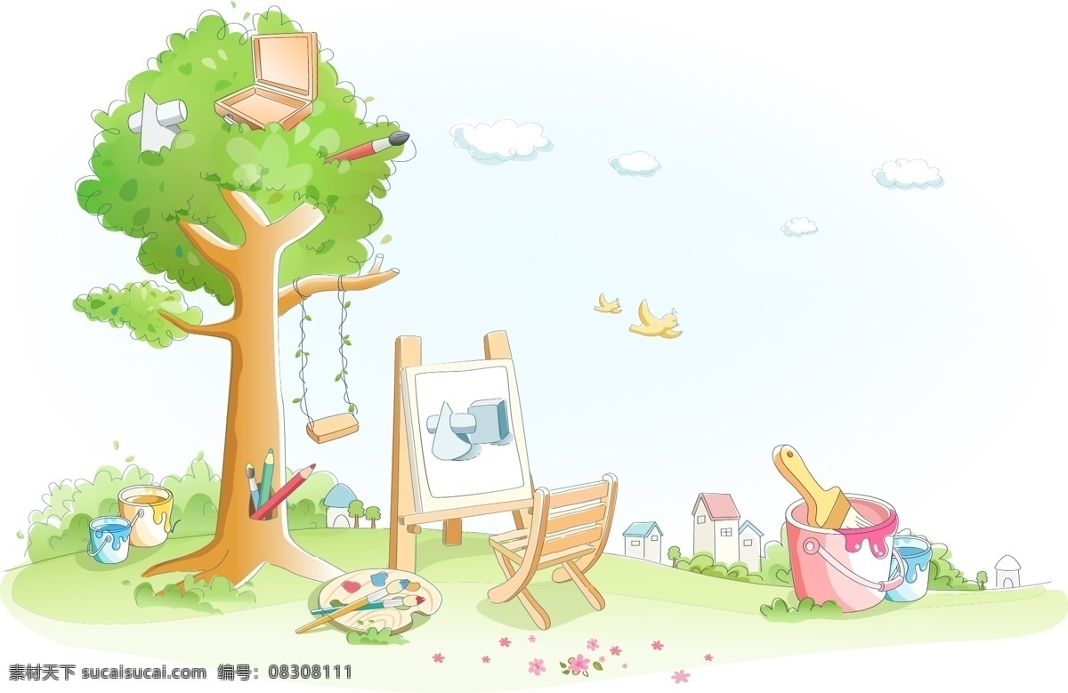 树下绘画 大树 绘画 素描 油漆 颜料 椅子 画板 秋千 画笔 小鸟 矢量风景建筑 自然景观 矢量