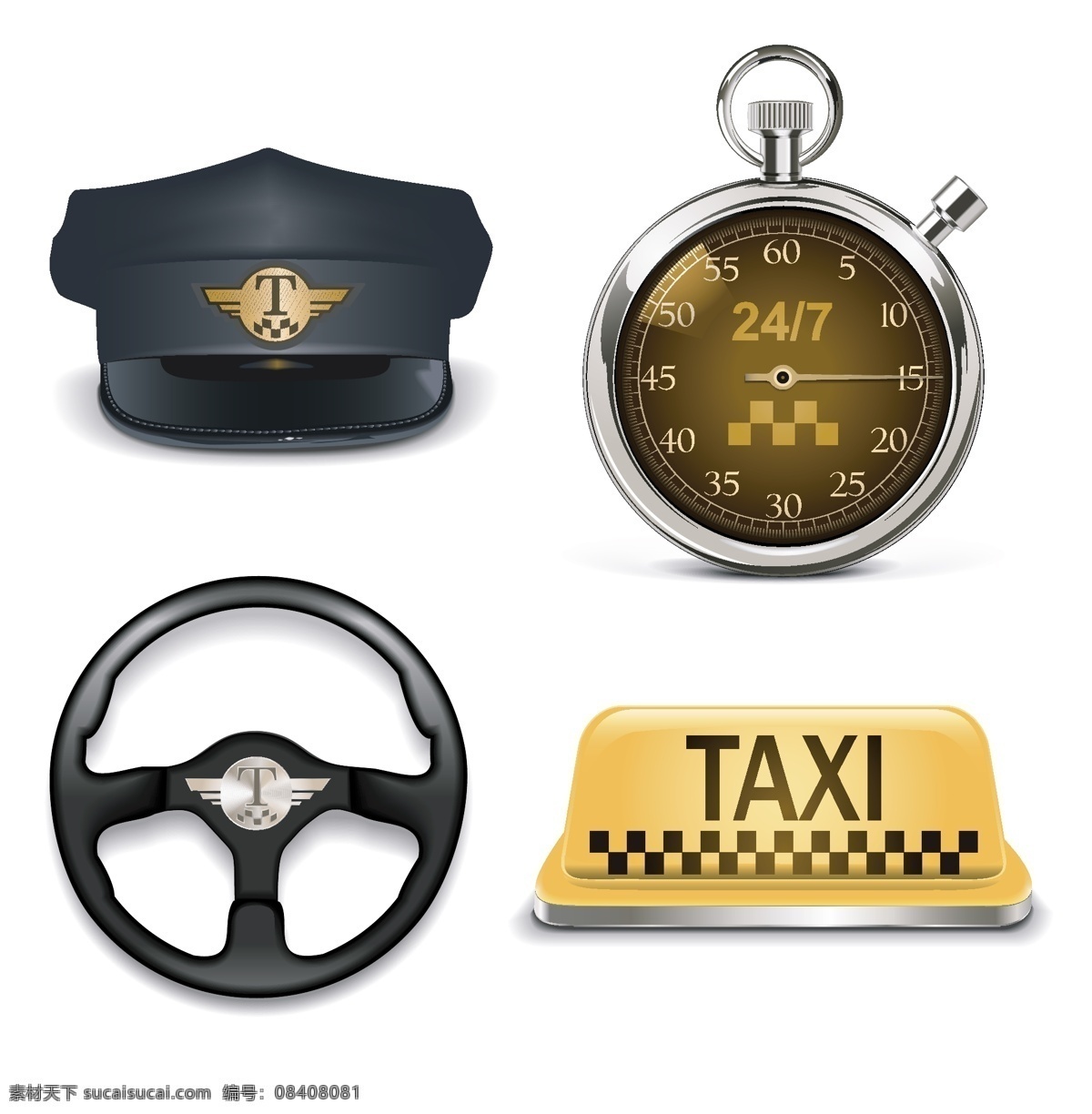 出租车 图标 帽子 方向盘 的士灯 现代科技 矢量素材 白色