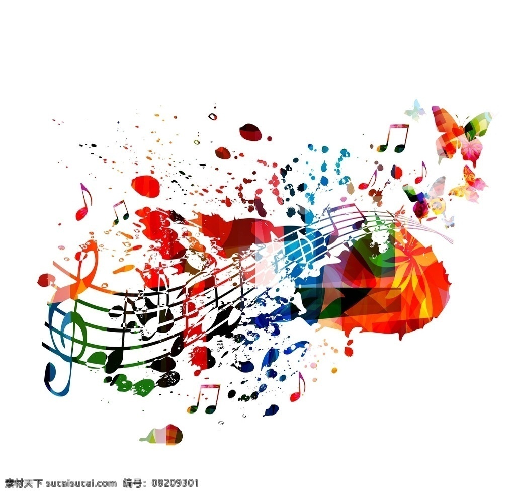 音乐背景 music 彩色墨迹 五线谱 音乐元素 音符 蝴蝶 矢量 文化艺术 舞蹈音乐