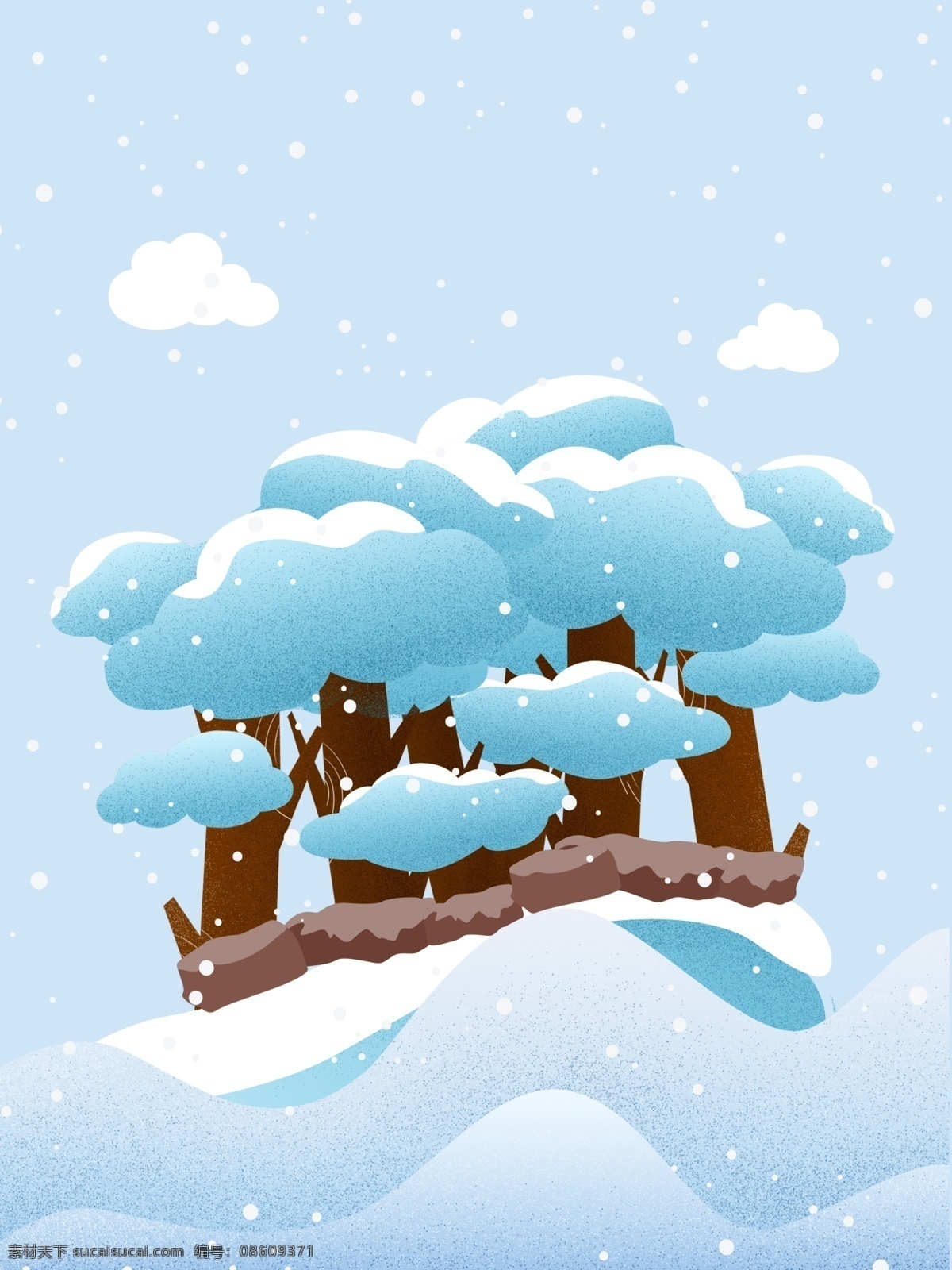 手绘 清新 雪花 松树 背景 云朵 植物 冬季 浪漫 广告背景 下雪 雪地
