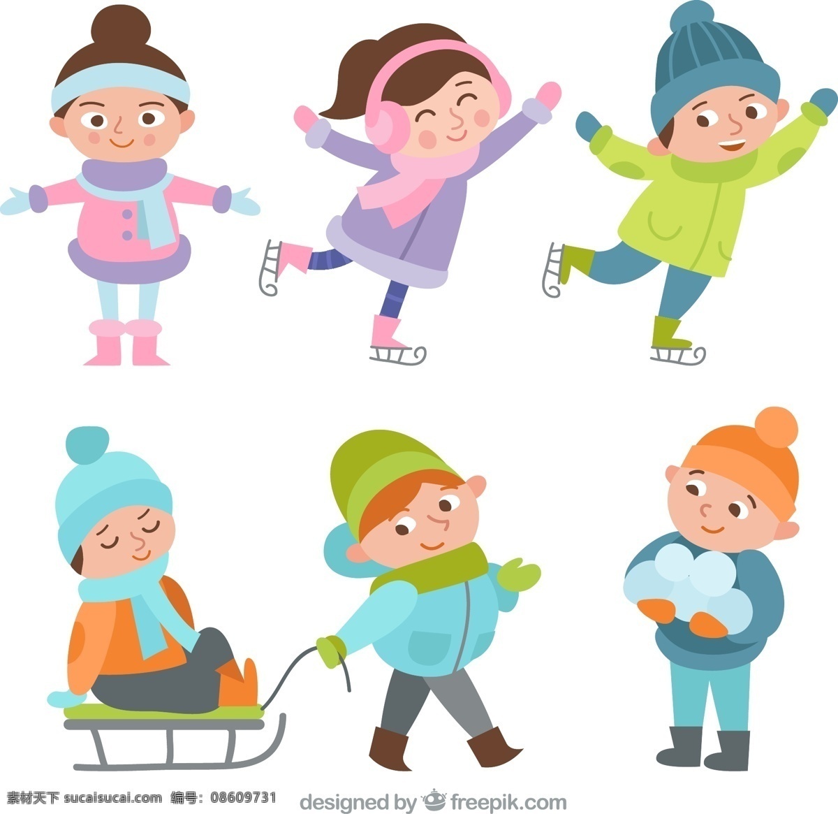 款 卡通 冬季 玩耍 儿童 溜冰 打雪仗 雪球 雪橇 男孩 女孩 动漫动画 动漫人物